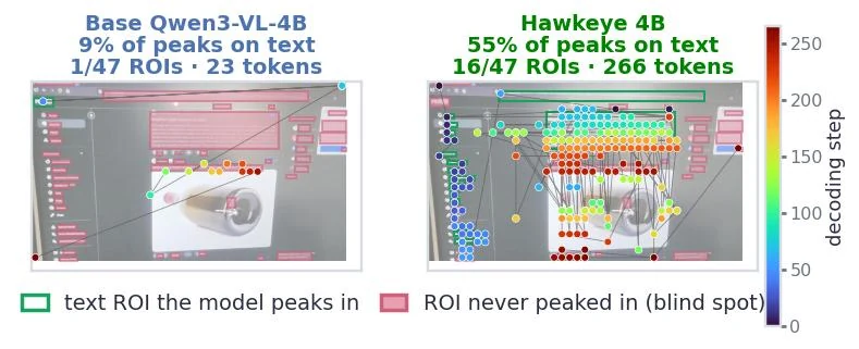 Reading trace of base Qwen3-VL-4B and Hawkeye 4B on a web page photographed with smart glasses.