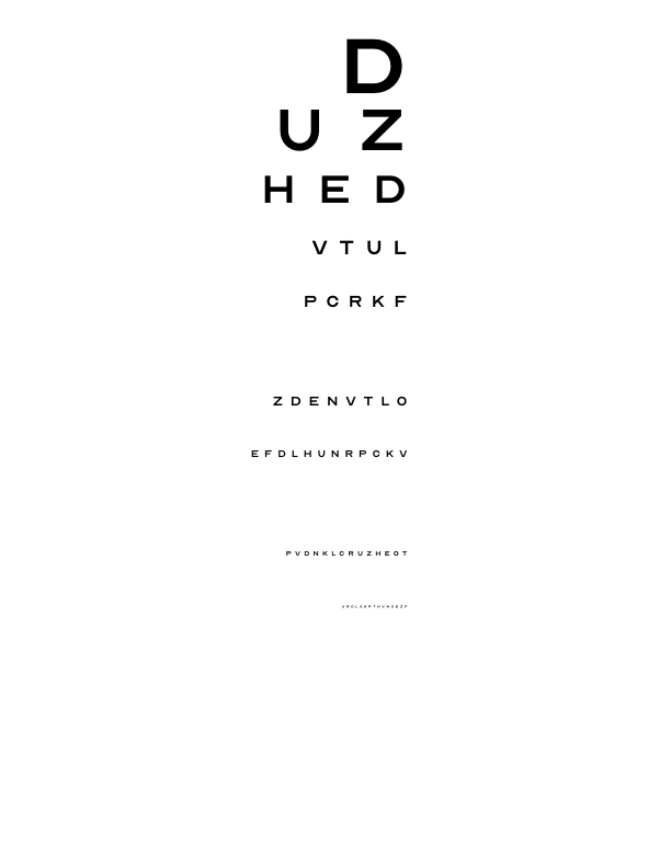 One of the 50 evaluation charts: nine rows of capital letters whose height decreases from 48 px at the top to 4 px at the bottom.
